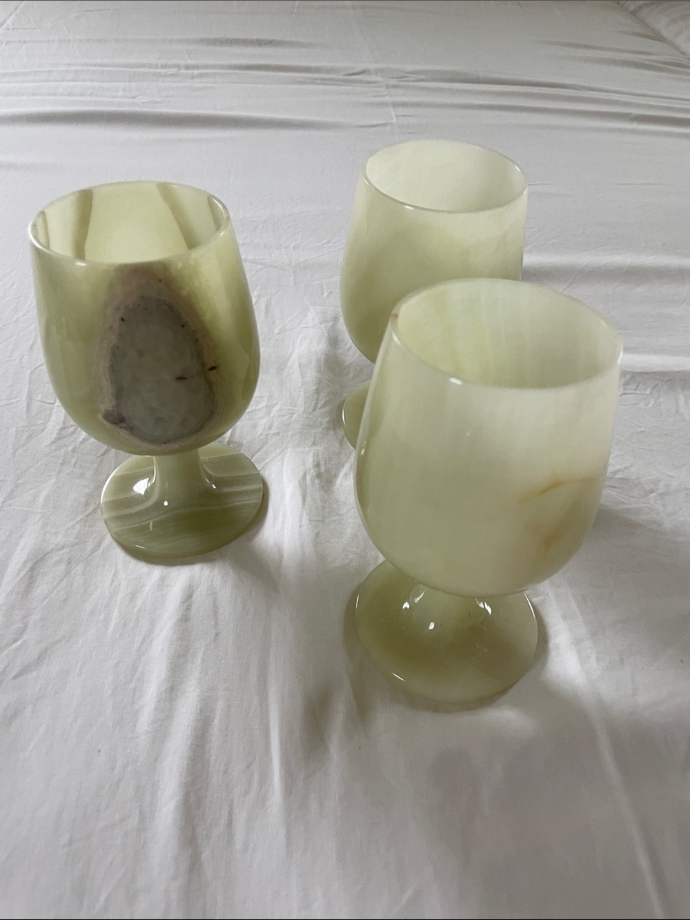Set of 3 Vintage Green Onyx Marble Wine Glasses Goblets